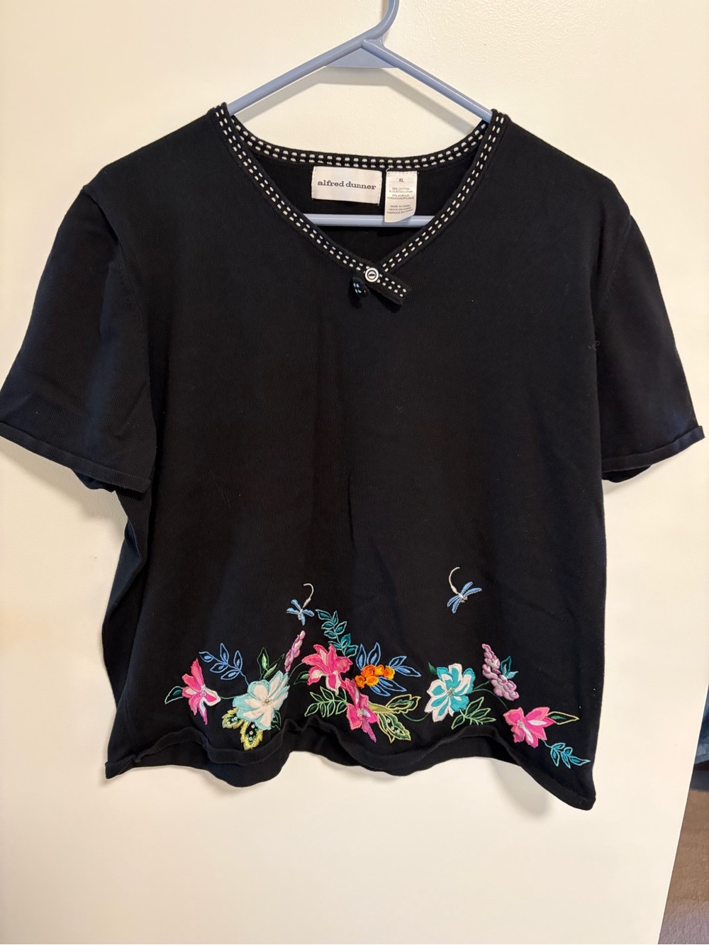 Alfred Dunner Black Short-Sleeve sweater with Colorful Floral Embroidery